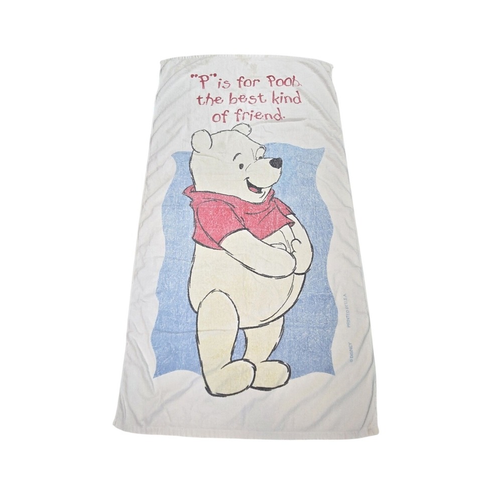 Vintage Disney Winnie the Pooh Beach Towel P is for Pooh White Cotton USA Made